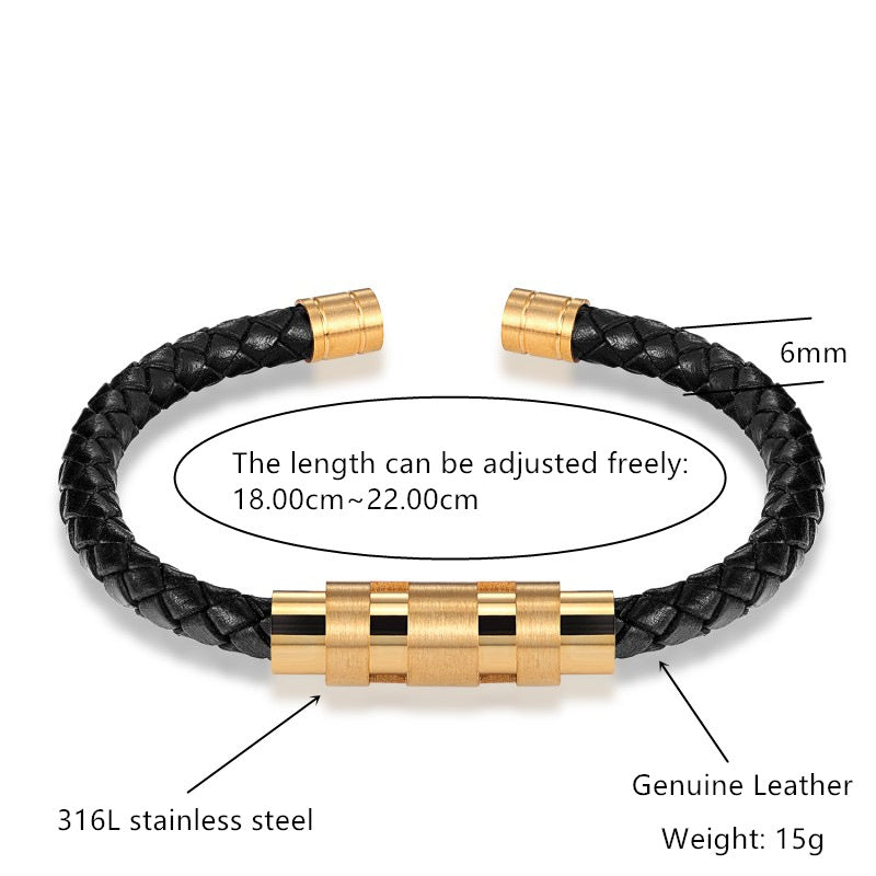 Men's Gold /Black Steel Color Rotating Titanium Steel Buckle Leather Braided Bracelet - RMKA SELECT