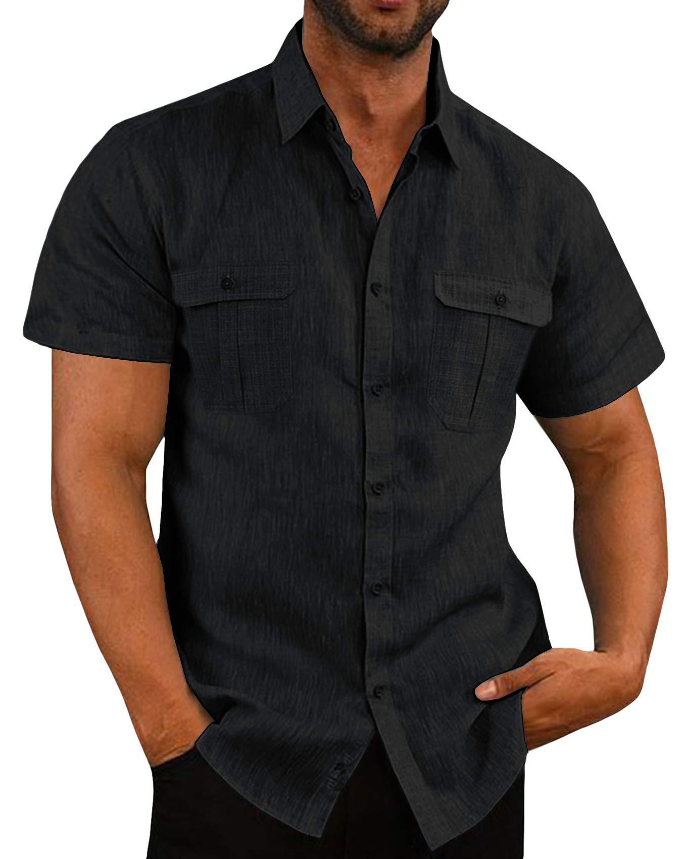Men's Double Pocket Linen Short Sleeve Shirt