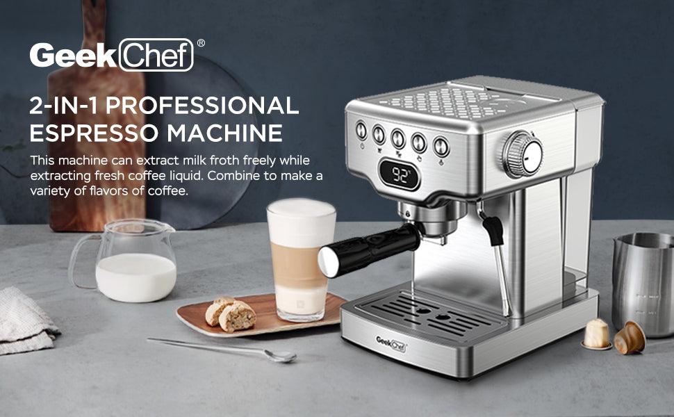 Geek Chef Espresso Machine, 20 Bar Espresso Machine With Milk Frother For Latte, Cappuccino, Macchiato, For Home Espresso Maker, 1.8L Water Tank, Stainless Steel. - RMKA SELECT