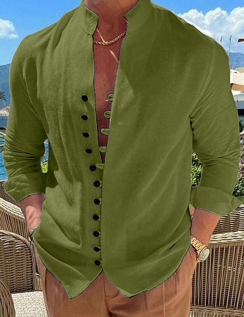 Retro Button Design Long-sleeved Shirt Men's Casual Loose Shirt - RMKA SELECT