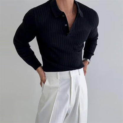 Classic Three Button Long Sleeve Ribbed Polo Shirt