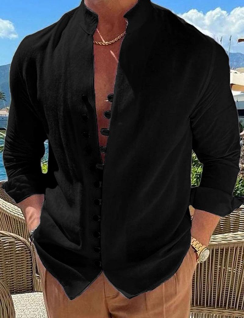 Retro Button Design Long-sleeved Shirt Men's Casual Loose Shirt - RMKA SELECT