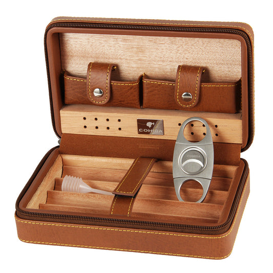 COHIBA cigar box set Gao Xiba leather cedar wood cigar humidor lighter cigar scissors set - RMKA SELECT