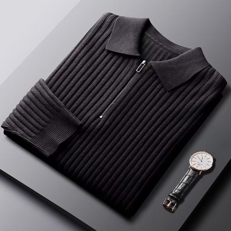 Men's  Solid Ribbed Zip Up Long-Sleeved Sweater