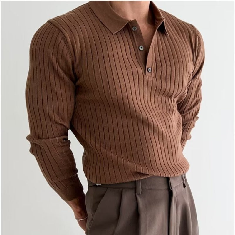 Classic Three Button Long Sleeve Ribbed Polo Shirt