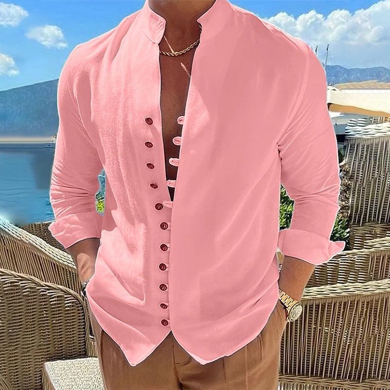 Retro Button Design Long-sleeved Shirt Men's Casual Loose Shirt - RMKA SELECT