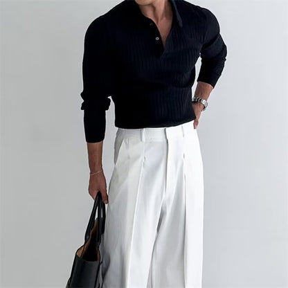 Classic Three Button Long Sleeve Ribbed Polo Shirt