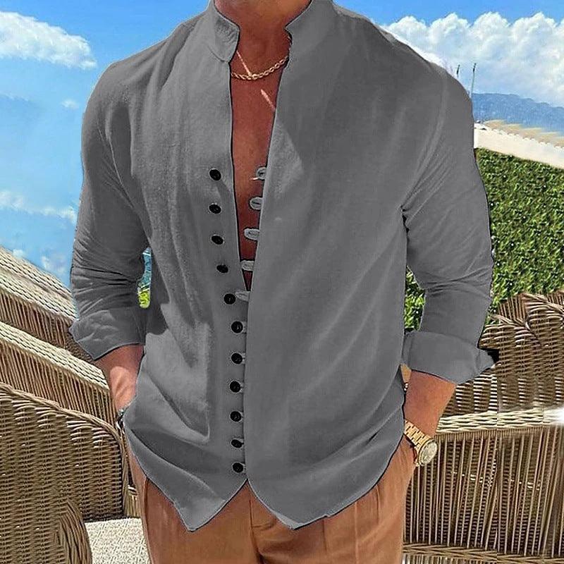 Retro Button Design Long-sleeved Shirt Men's Casual Loose Shirt - RMKA SELECT