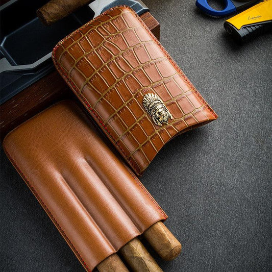 Leather Embossed Portable Three-pack Cigar Moisturizing Leather Case - RMKA SELECT