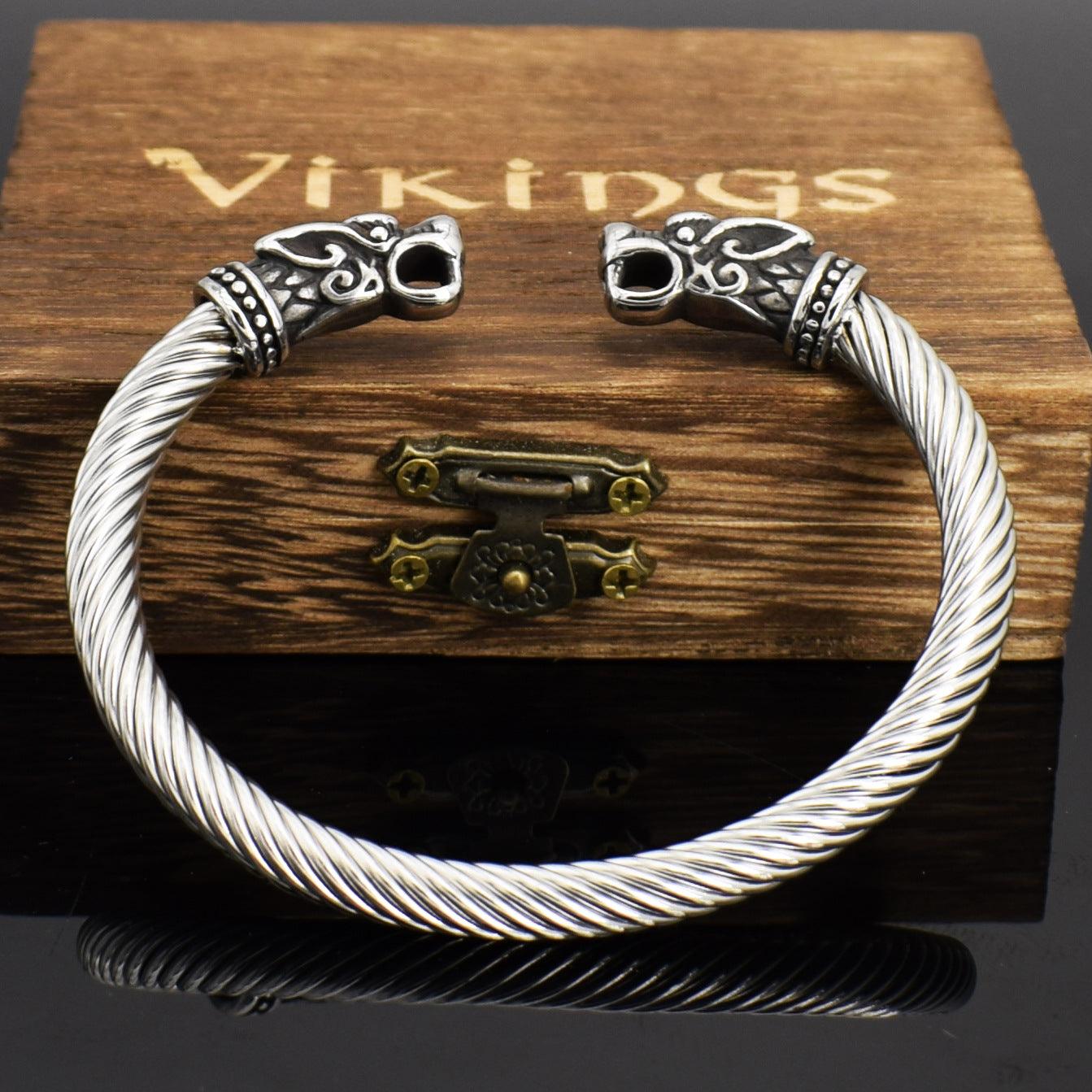 Viking Men's Double Dragon Domineering Stainless Steel Wolf Head Bracelet - RMKA SELECT