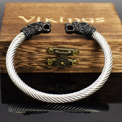 Viking Men's Double Dragon Domineering Stainless Steel Wolf Head Bracelet - RMKA SELECT