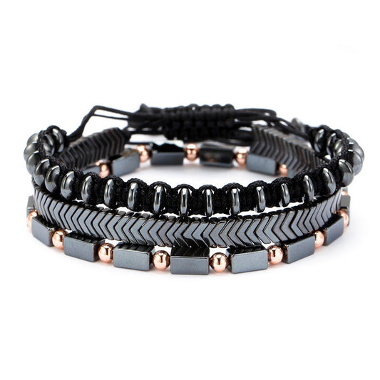 Men's Bracelet Black Iron Stone Three Piece Bracelet Set - RMKA SELECT