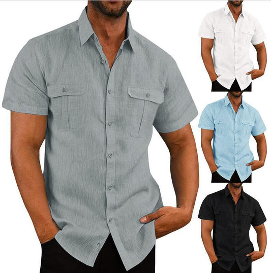 Men's Double Pocket Linen Short Sleeve Shirt