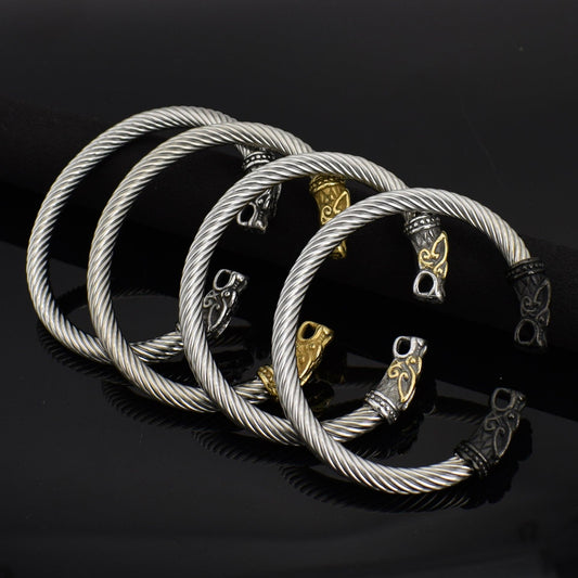 Viking Men's Double Dragon Domineering Stainless Steel Wolf Head Bracelet - RMKA SELECT