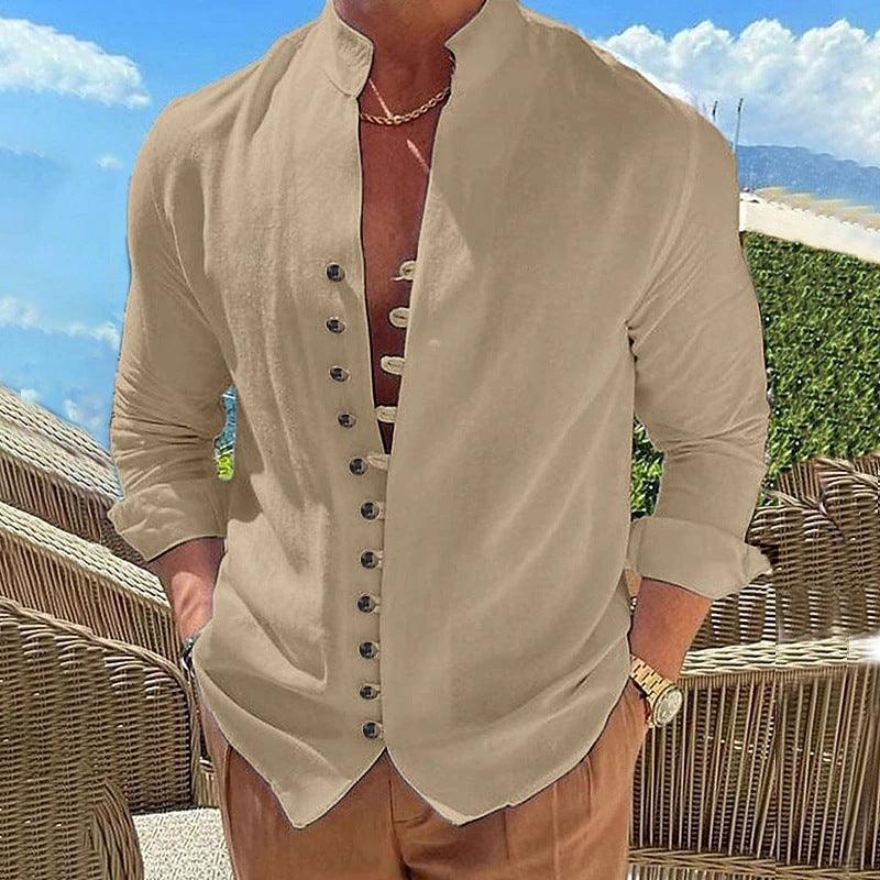 Retro Button Design Long-sleeved Shirt Men's Casual Loose Shirt - RMKA SELECT